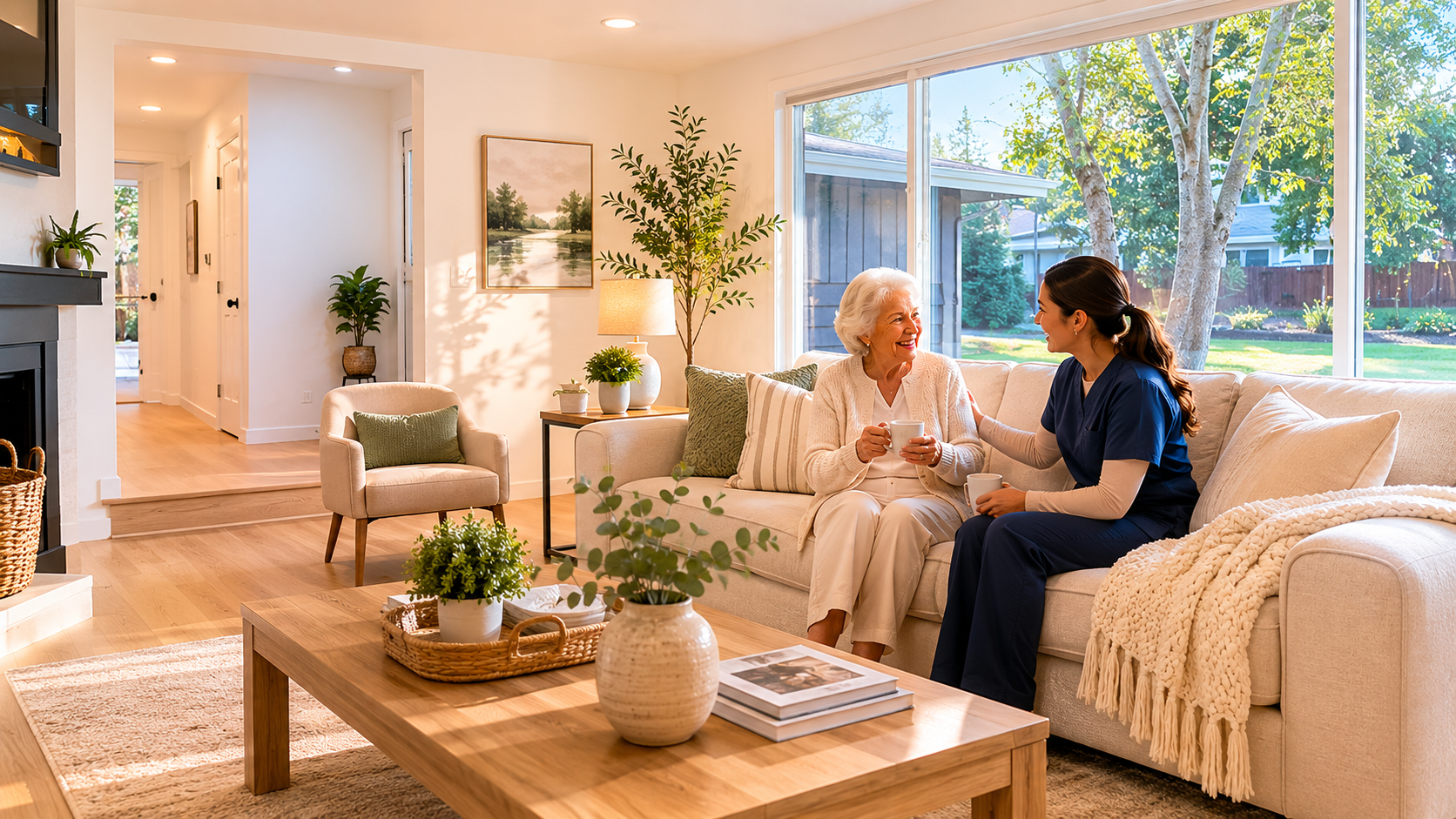 A warm, sunlit living room in a welcoming residential home with an elderly woman sharing a tender moment with a caregiver